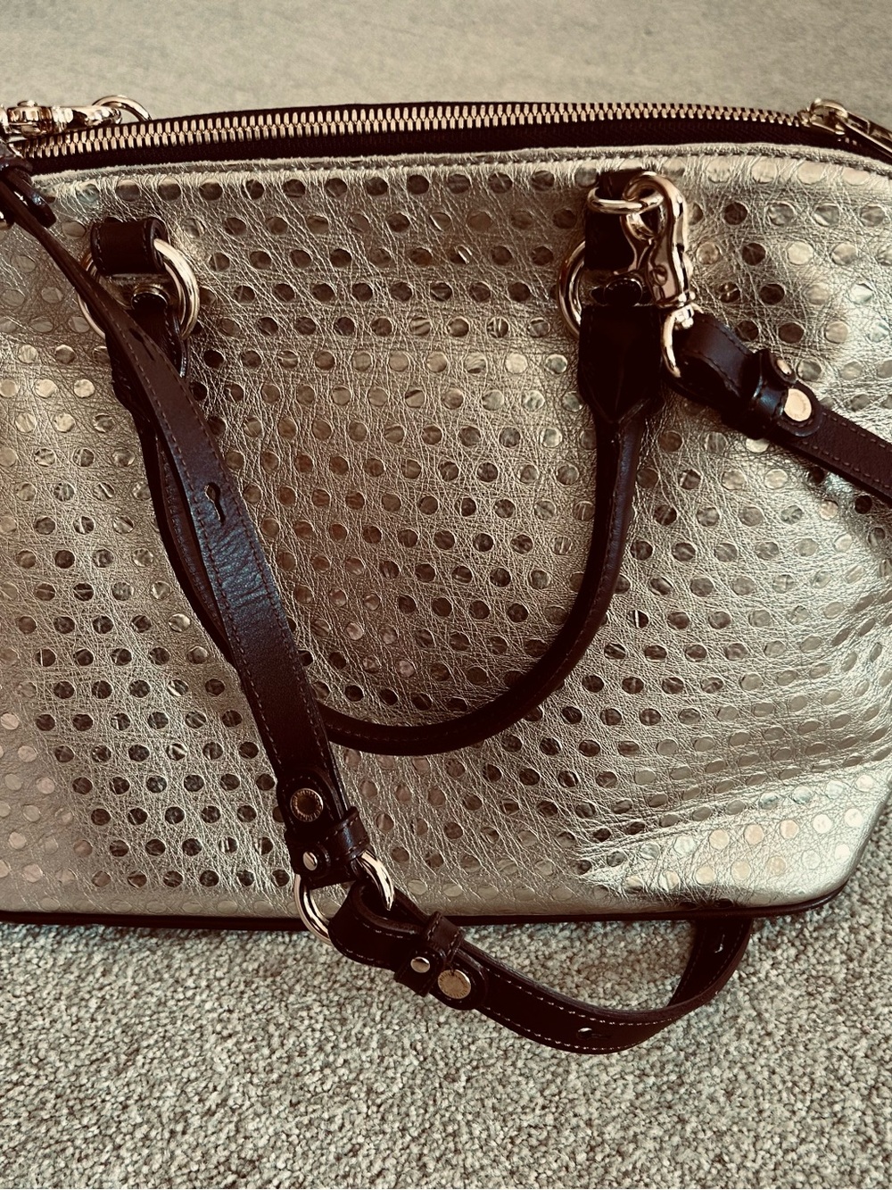 Designer inspired NWOT metallic Dome Satchel  handbag with Tassel Charm.